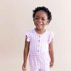 Flutter Sleeve Romper in Gingham Thistle