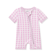 Zipper Shortall Romper in Gingham Thistle