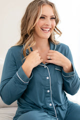 Long-Sleeved Women's Pajama Set in Atlantic with Cloud Trim