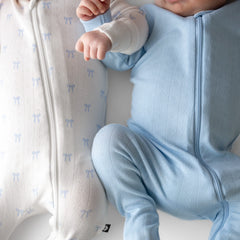 Pointelle Zippered Footie in Sweet Blue Bow