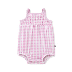 Smocked Bubble Romper in Gingham Thistle