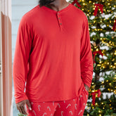Men's Long Sleeve Henley Top in Cardinal
