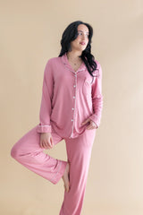Long-Sleeved Women's Pajama Set in Apple Blossom with Cloud Trim