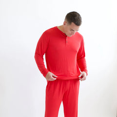 Men's Long Sleeve Henley Top in Cardinal