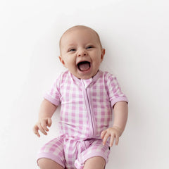 Zipper Shortall Romper in Gingham Thistle