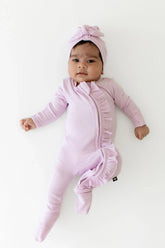 Ribbed Ruffle Zipper Footie in Thistle