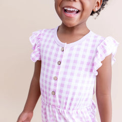 Flutter Sleeve Romper in Gingham Thistle