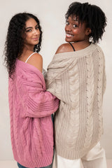 Cable Knit Adult Cardigan in Almond