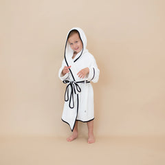 Hooded Bath Robe in Cloud with Midnight Trim