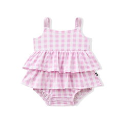 Spaghetti Strap Ruffle Romper in Gingham Thistle