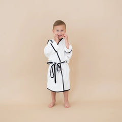 Hooded Bath Robe in Cloud with Midnight Trim
