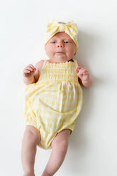 Smocked Bubble Romper in Gingham Chamomile