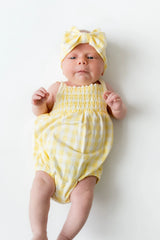 Smocked Bubble Romper in Gingham Chamomile