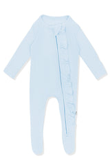 Ribbed Ruffle Zipper Footie in Breeze