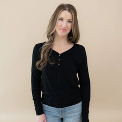 Women's Long Sleeve Henley Tee in Midnight
