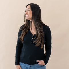 Women's Long Sleeve Henley Tee in Midnight