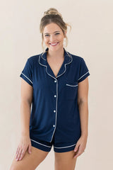 Women’s Short Sleeve Pajama Set in Navy with Cloud Trim