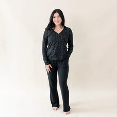 Women's Long Sleeve Henley Tee in Midnight Leopard