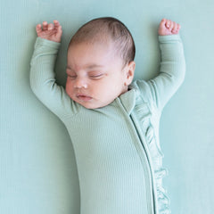 Ribbed Ruffle Zipper Footie in Sage