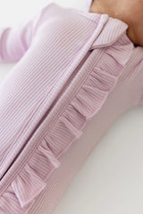 Ribbed Ruffle Zipper Footie in Thistle