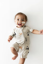 Zipper Shortall Romper in Fluffy Cat