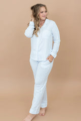 Long-Sleeved Women's Pajama Set in Small Mist Stripe with Cloud Trim