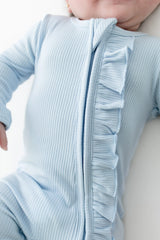 Ribbed Ruffle Zipper Footie in Breeze