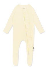 Ribbed Ruffle Zipper Footie in Chamomile