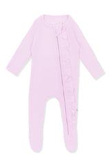 Ribbed Ruffle Zipper Footie in Thistle