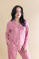 Long-Sleeved Women's Pajama Set in Apple Blossom with Cloud Trim