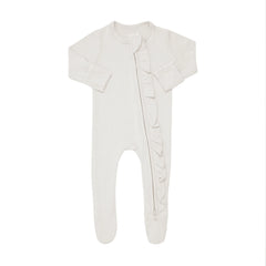 Ribbed Ruffle Zipper Footie in Oat