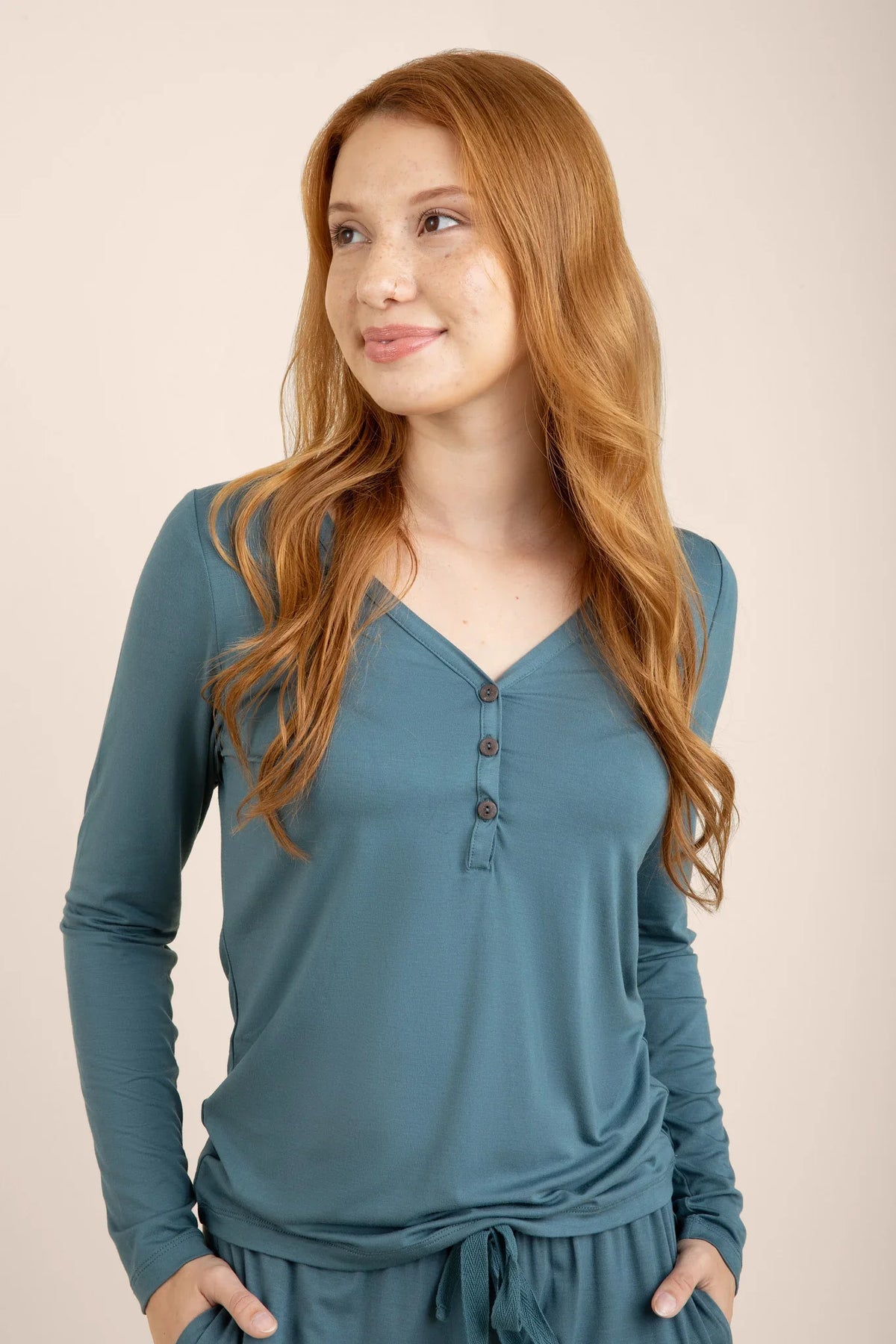 Women's Long Sleeve Henley Tee in Atlantic