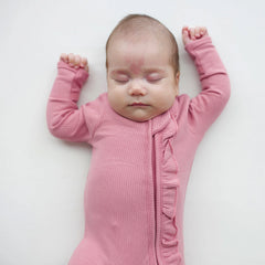 Ribbed Ruffle Zipper Footie in Apple Blossom