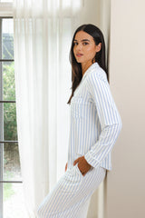 Long-Sleeved Women's Pajama Set in Small Mist Stripe with Cloud Trim