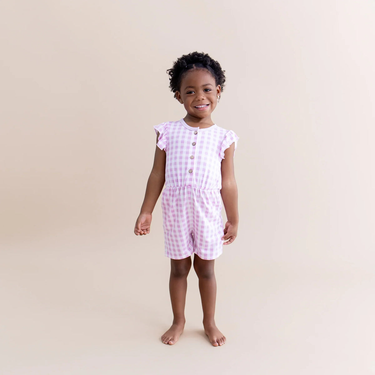 Flutter Sleeve Romper in Gingham Thistle