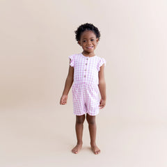Flutter Sleeve Romper in Gingham Thistle