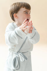 Hooded Bath Robe in Cloud with Storm Trim