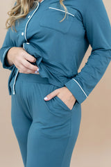 Long-Sleeved Women's Pajama Set in Atlantic with Cloud Trim