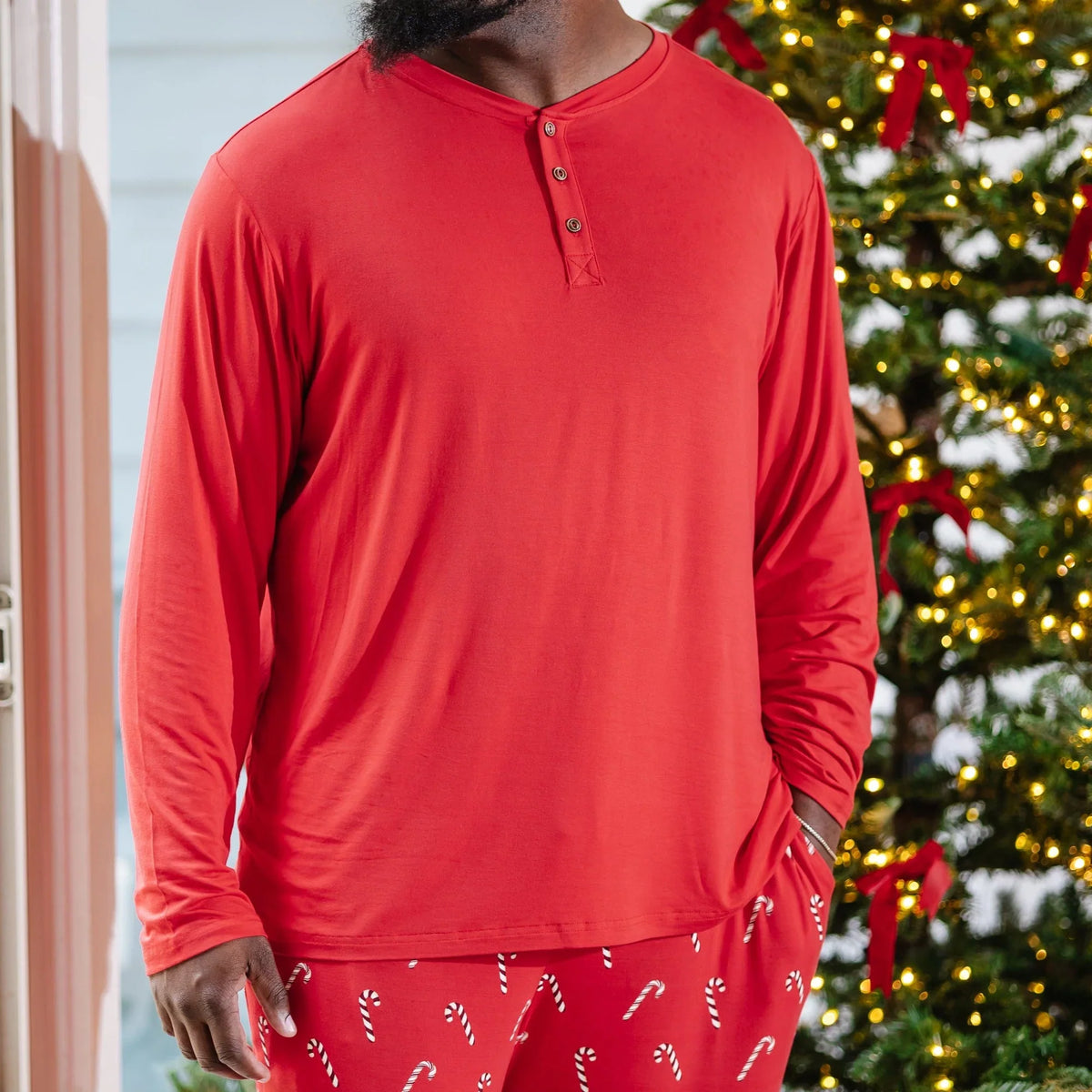 Men's Long Sleeve Henley Top in Cardinal