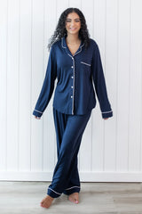Long-Sleeved Women's Pajama Set in Navy with Cloud Trim