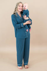 Long-Sleeved Women's Pajama Set in Atlantic with Cloud Trim
