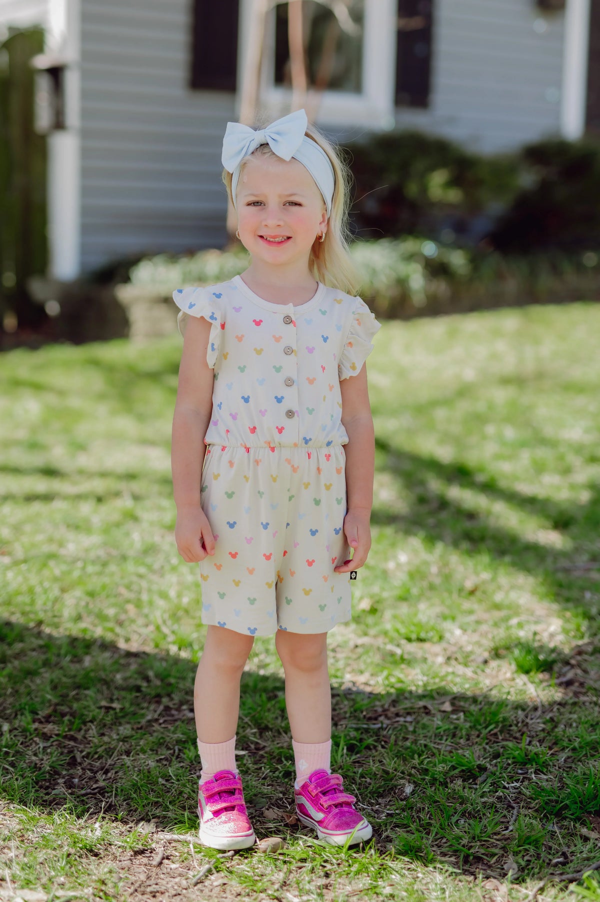 Flutter Sleeve Romper in Pastel Mickey Mouse