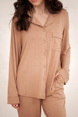 Long-Sleeved Women's Pajama Set in Latte with Latte Trim
