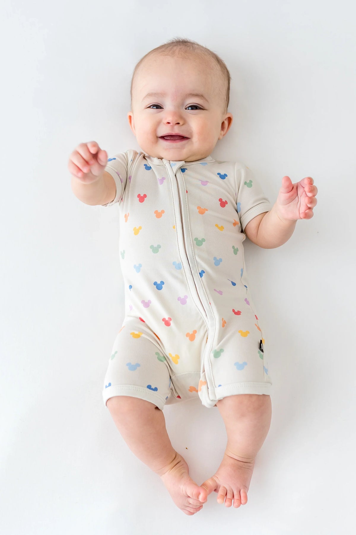 Zipper Shortall Romper in Pastel Mickey Mouse