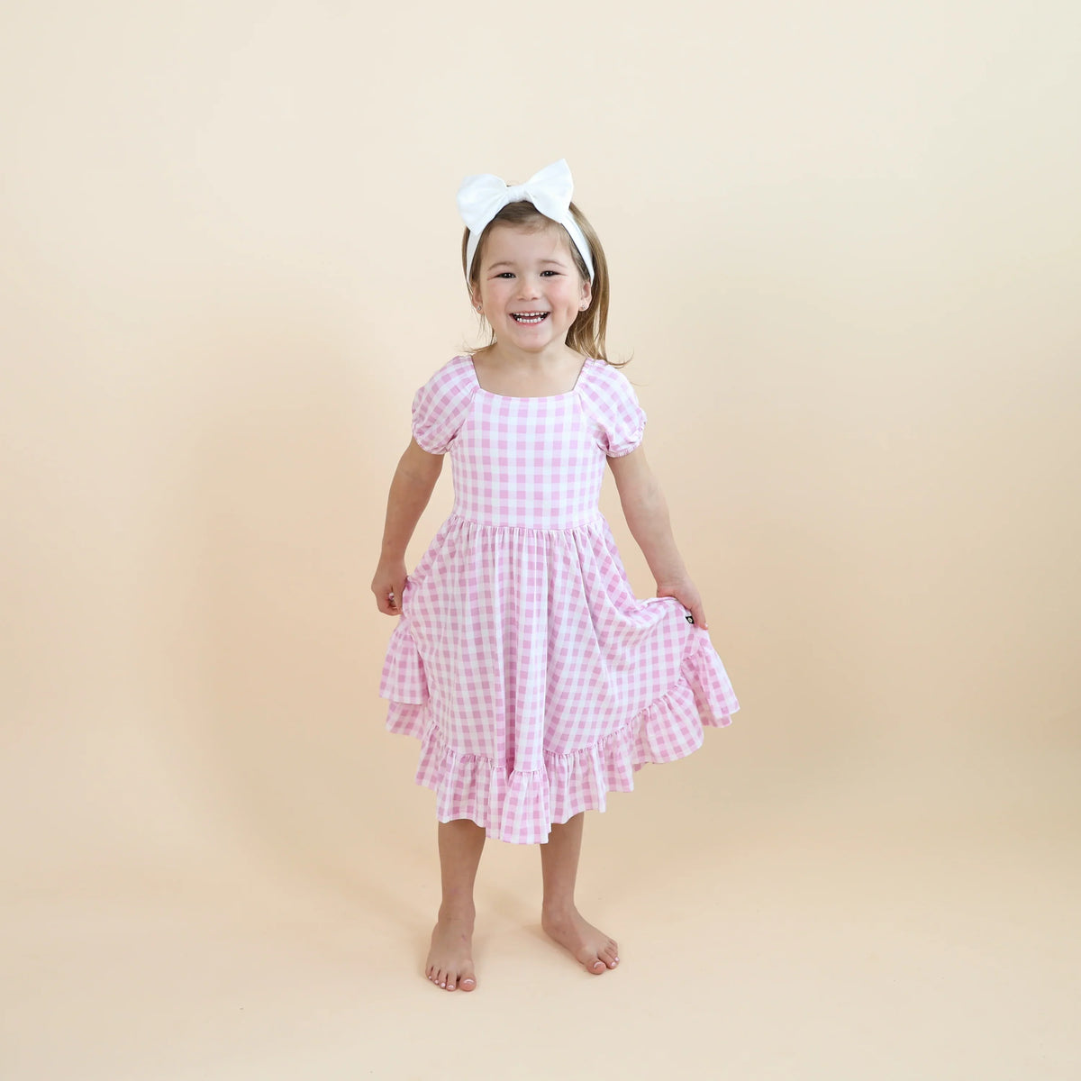 Puff Sleeve Twirl Dress in Gingham Thistle