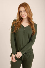 Women's Long Sleeve Henley Tee in Fir