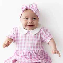 Peter Pan Collar Bodysuit Dress in Gingham Thistle