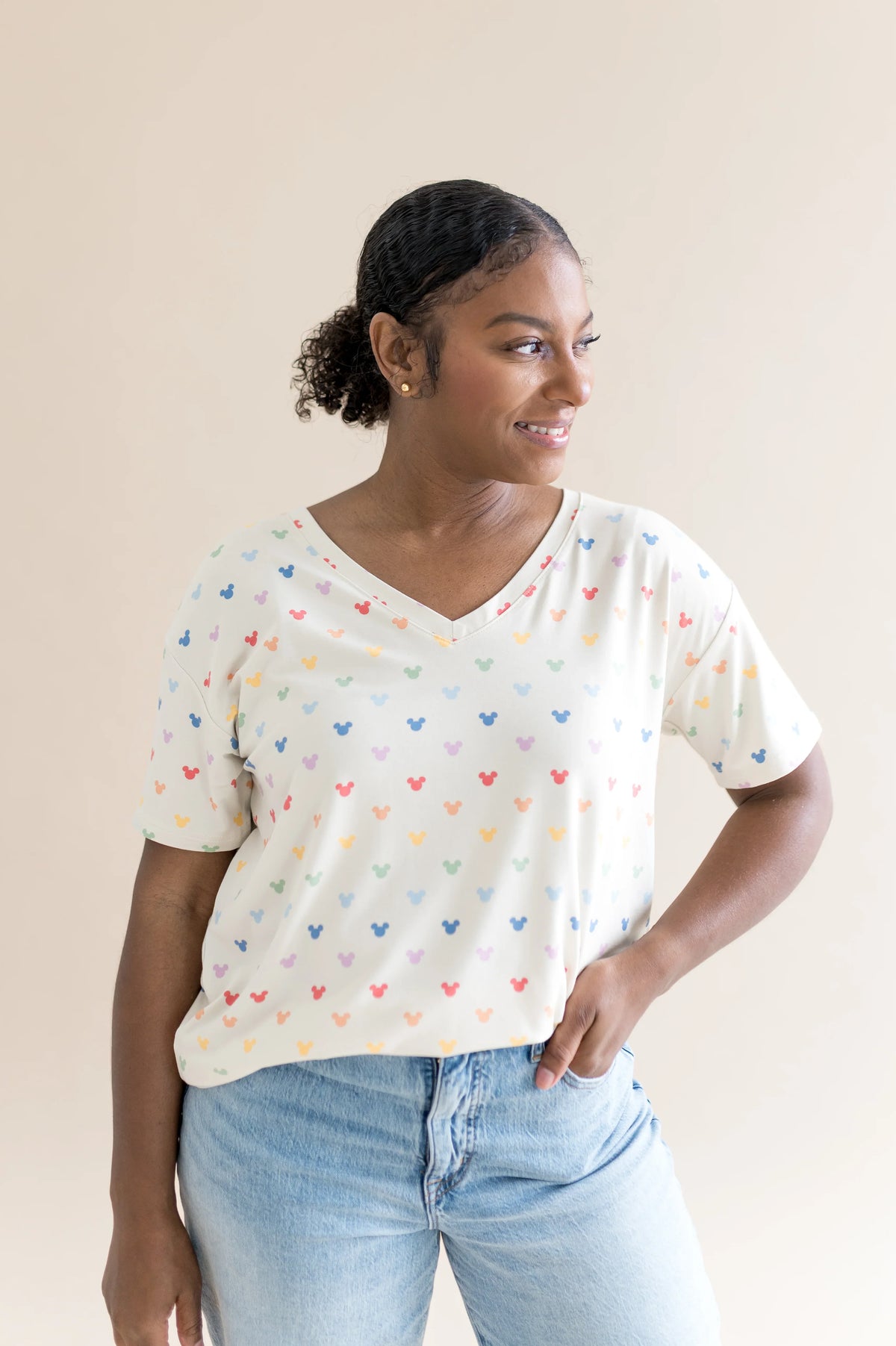 Women's Relaxed Fit V-Neck in Pastel Mickey Mouse