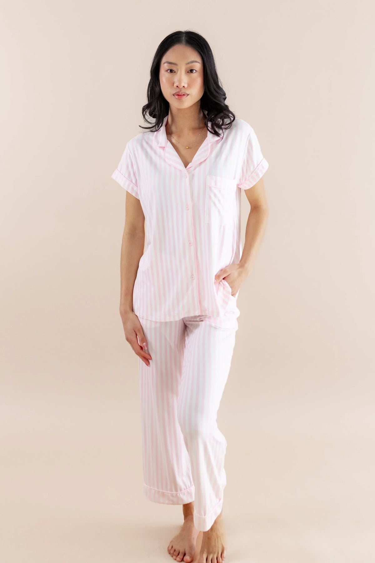 Women's Short Sleeve Cropped Pajama Set in Small Sakura Stripe