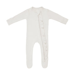 Ribbed Ruffle Zipper Footie in Oat